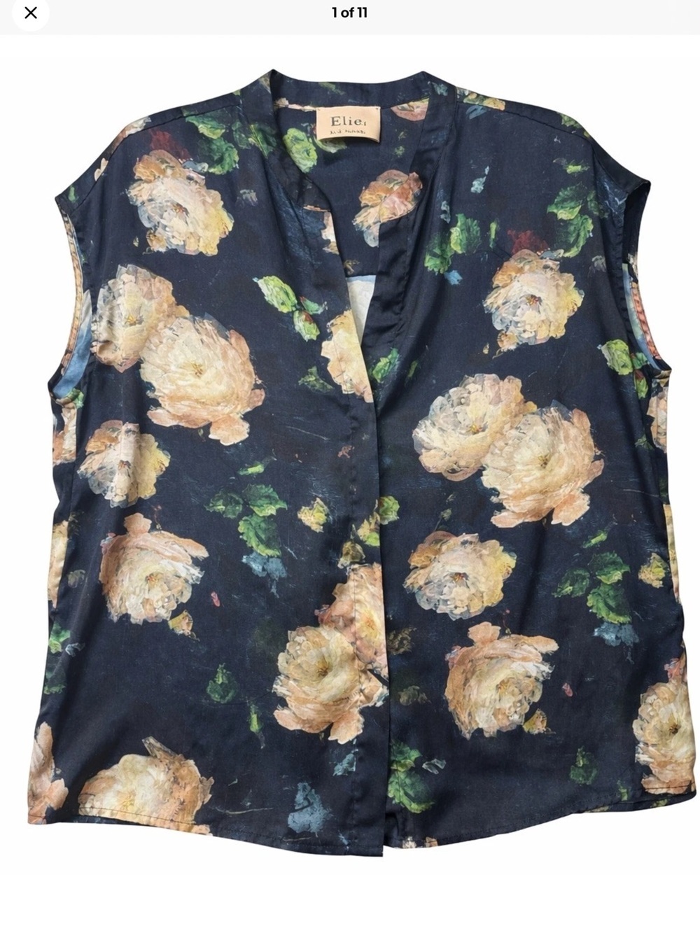 Elie Tahari Navy Floral Sleeveless Split-Neck Blouse